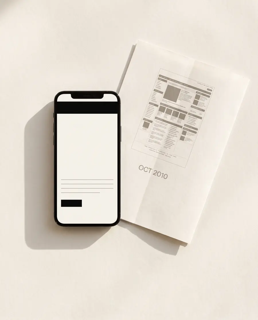 Vue de dessus : un téléphone affichant une mise en page sobre, posé à côté d'une feuille imprimée montrant un ancien site chargé daté d'octobre 2010.