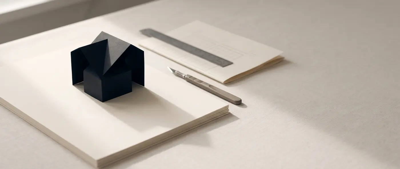 Une forme isométrique noire posée sur un bloc de papier crème, à côté d'une règle en acier, d'un scalpel et d'une planche quadrillée, sous une lumière rasante.