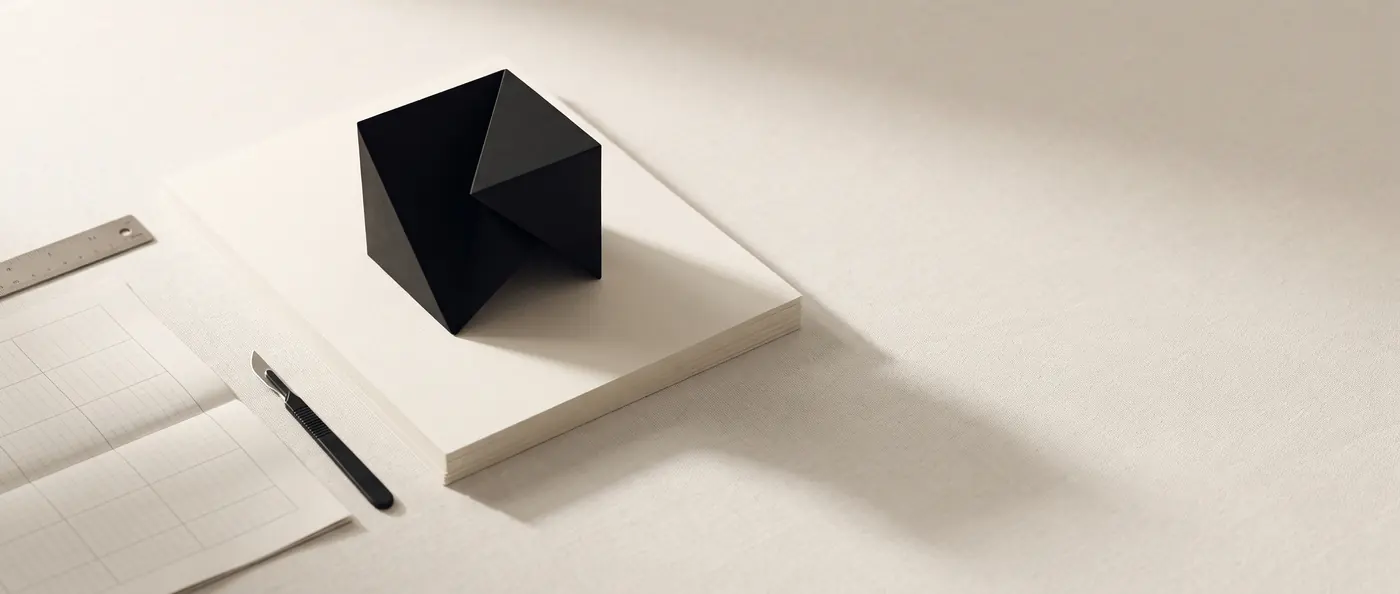 Sur un plan de travail clair : une forme isométrique noire posée sur une pile de feuilles crème, une règle en acier, un scalpel et une planche de contrôle quadrillée, sous une lumière rasante.